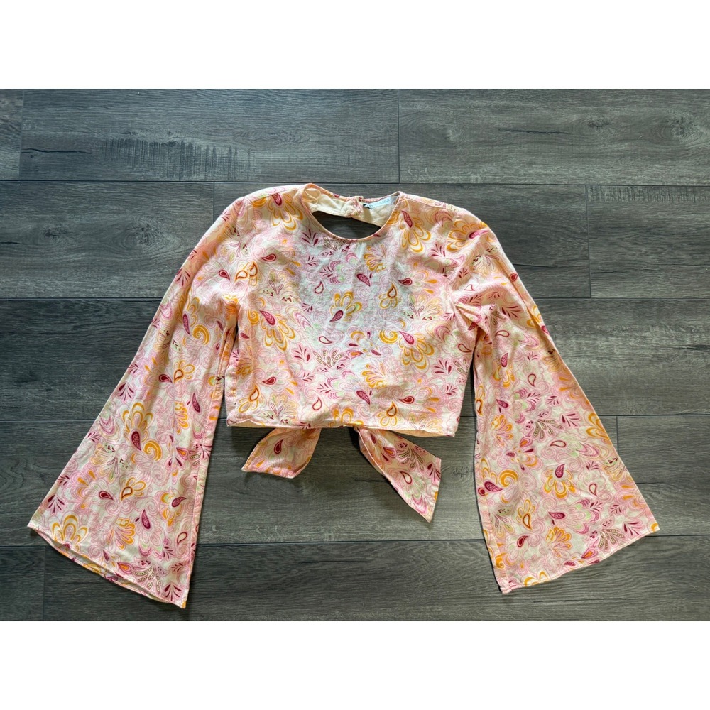 Zara‎ Women Pink Paisley Bell Sleeve Open Back Tie Hem Crop Top Small